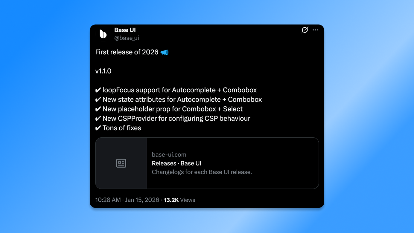 Base UI v1.1.0 announcement tweet